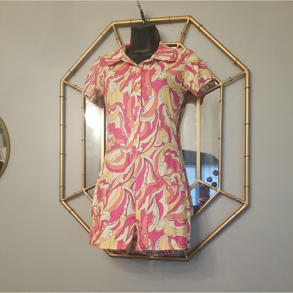 Psychedelic Print Short Sleeve Button Front Romper Size Small,Pink,Yellow, White